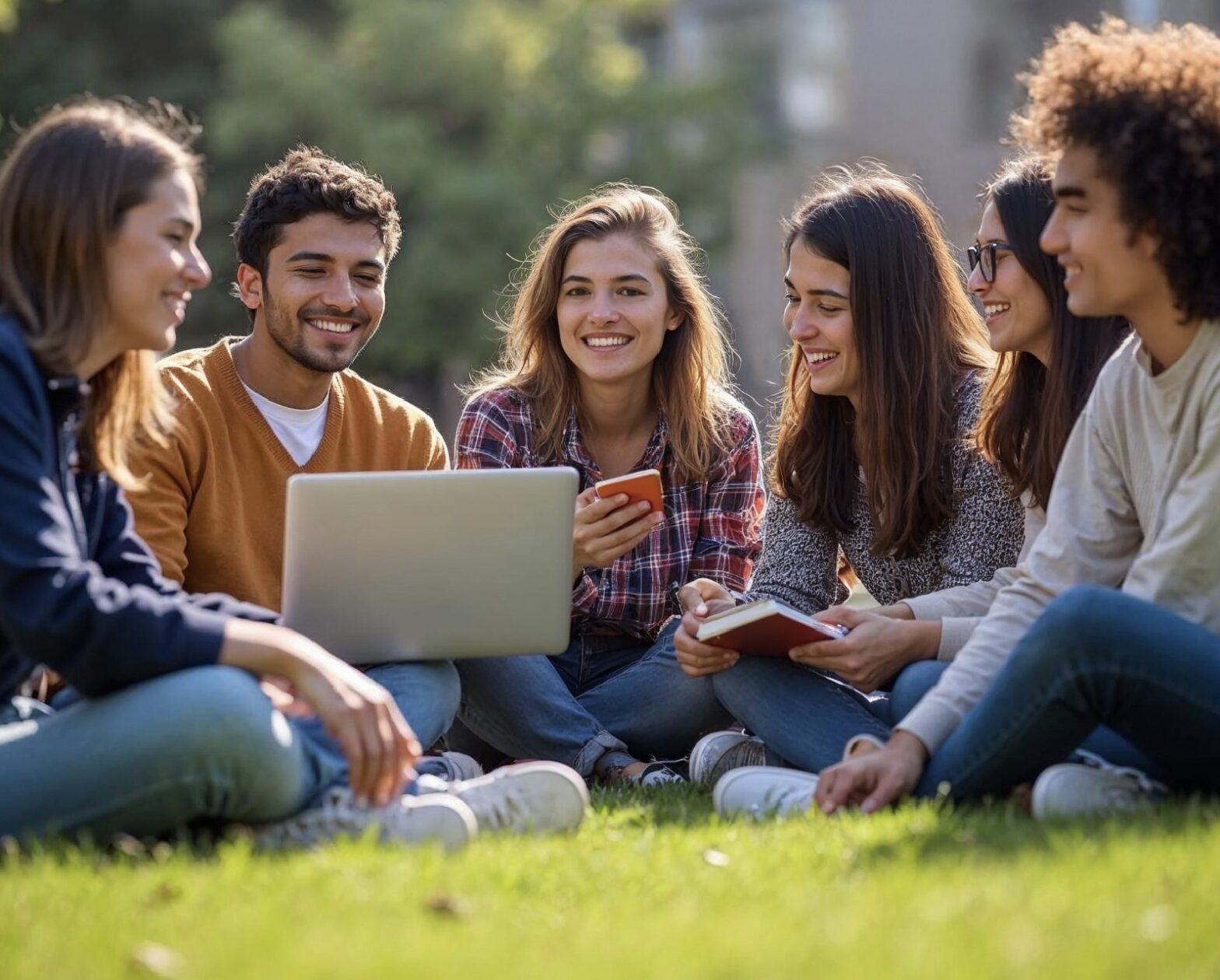 Grupo de seis jovens a sorrir sentados na relva.