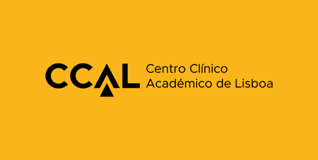 Logótipo preto com fundo amarelo do Centro Clínico Académico de Lisboa.